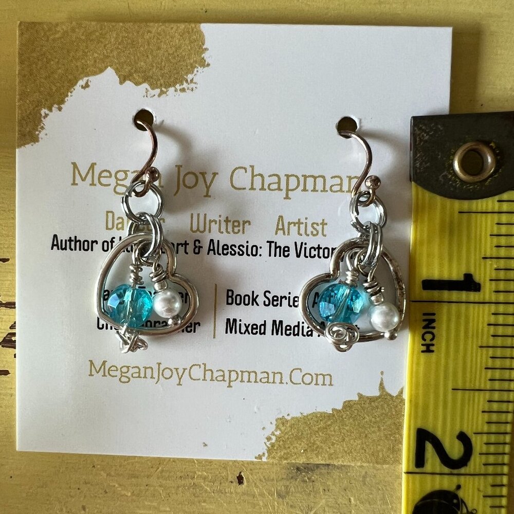 Sterling Heart Earrings, Turquoise Blue Crystal and Pearl, NWT Megan Joy Chapman